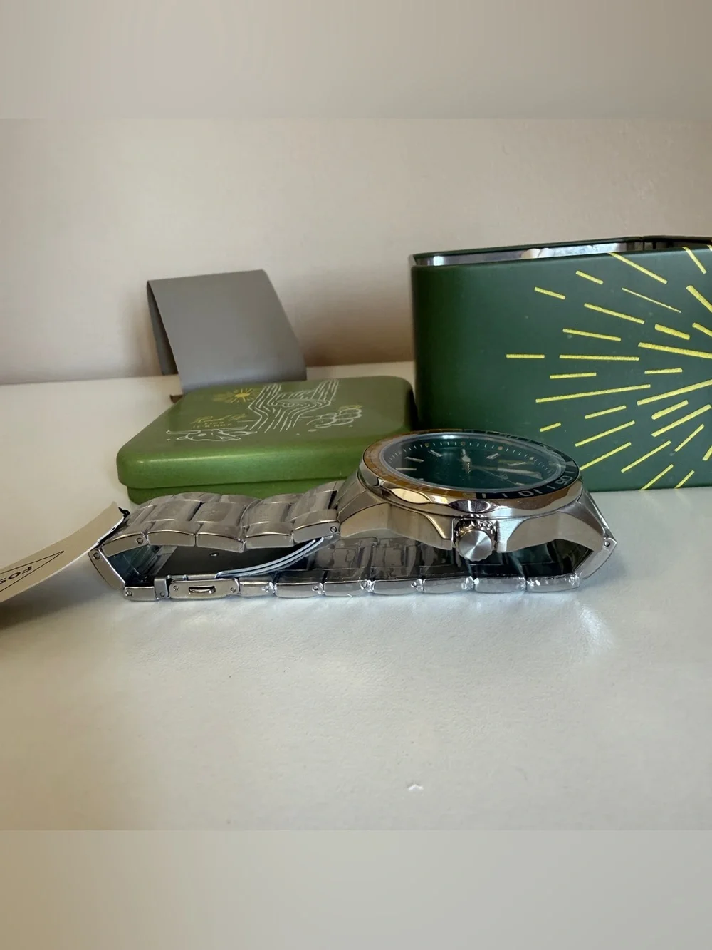 Fossil Men's Green Dial Stainless Steel Bracelet Watch with Yellow Accent BQ2506